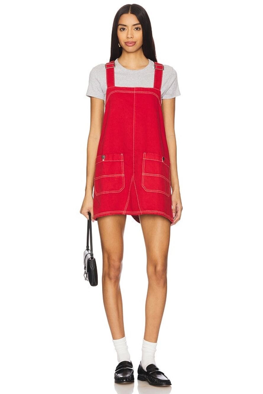 We The Free People Red Denim Overall Smock Dress XS Y2K Apron Pinafore Mini